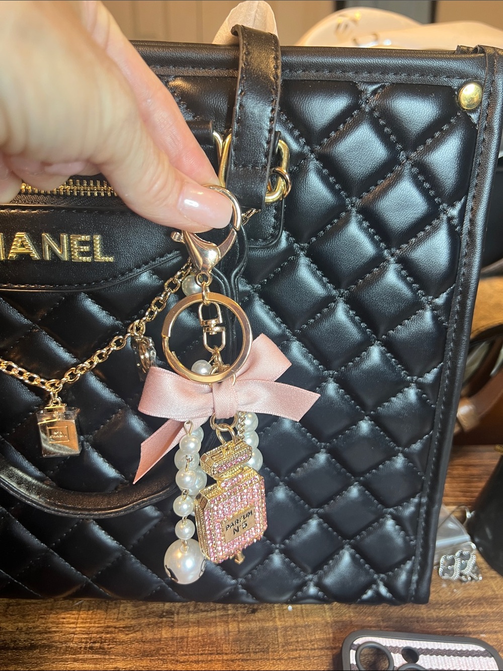 Key Chain/Phone or Bag Charm/ Pink and Pearl - Picture 3 of 8
